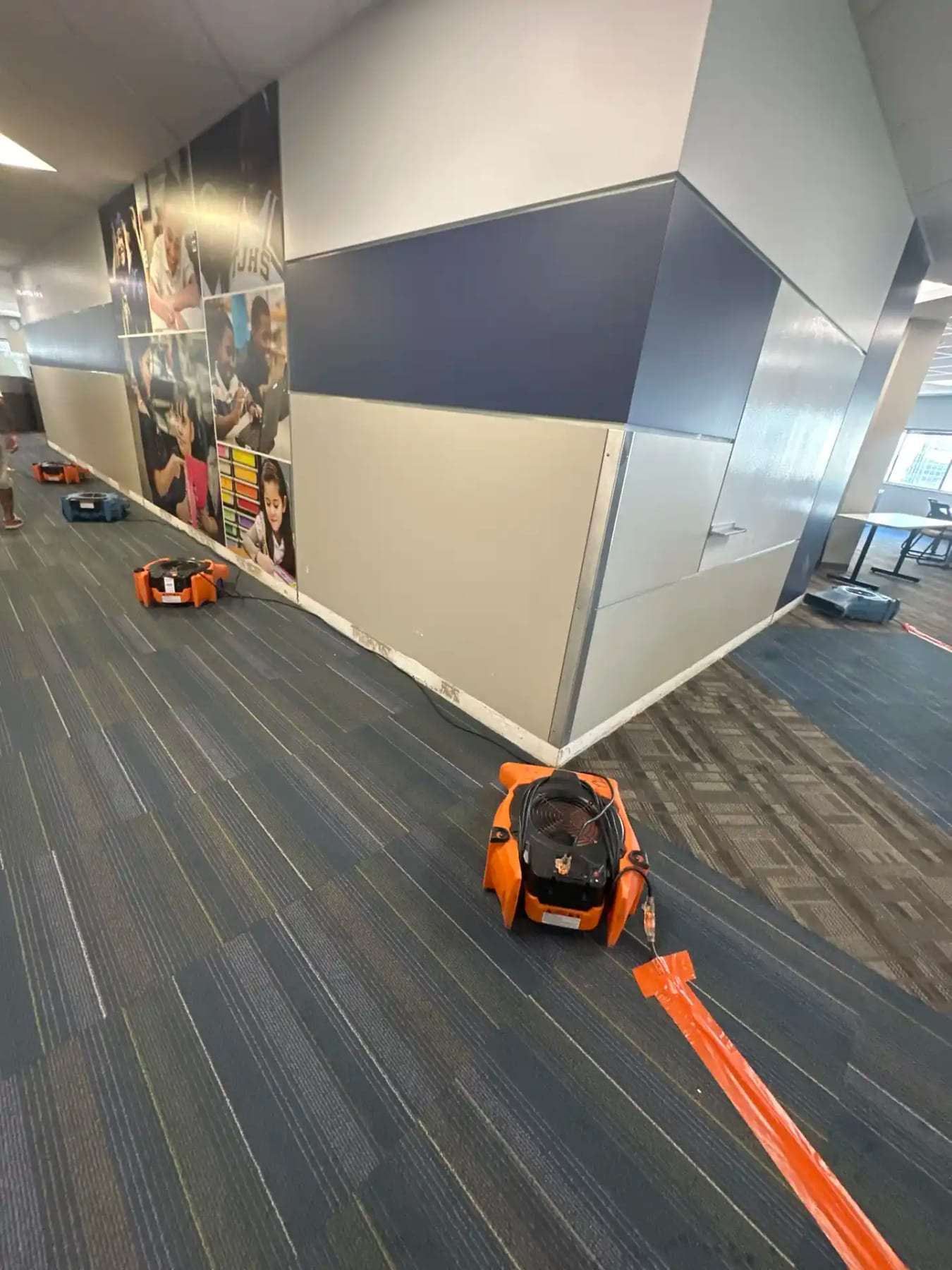 Air movers drying patterned carpet along an office corridor
